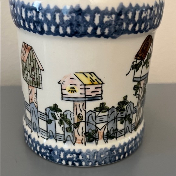 Vintage Cream and Blue Vase with Bird Houses  5” - Picture 2 of 5